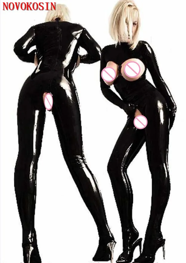 

2018 Black Women Open Bra Crotch Erotic Bodysuit Lady Long Sleeves Faux Leather Teddies Plus Size Night Club Queen Costume