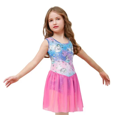 Гимнастический купальник для девочек с единорогом, розовый Звездный балетный костюм, детский балетный комбинезон-боди, танцевальная одежда, детская одежда, танцевальное платье 4-10Y - Цвет: pink starry