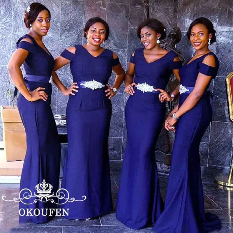 Королевские синие атласные Длинные свадебные платья с коротким рукавом Бисероплетение створки африканские женщины русалка горничной честь нарядные платья для вечеринок