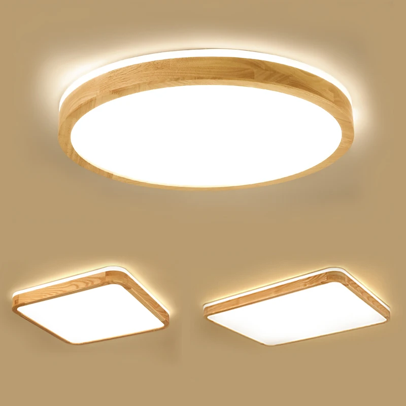 Светодиодный потолочный светильник, деревянный круглый квадратный светильник для гостиной, спальни, внутреннего освещения, светильник для поверхностного монтажа, лампа с дистанционным управлением и регулируемой яркостью