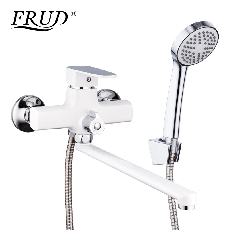 Offerte FRUD Nuovo Arrivo Classico Bianco Doccia Rubinetto Lungo Becco Vasca Da Bagno Rubinetto In Lega di Zinco Rubinetto Set Vasca Da Bagno Miscelatore Doccia a Pioggia R22301