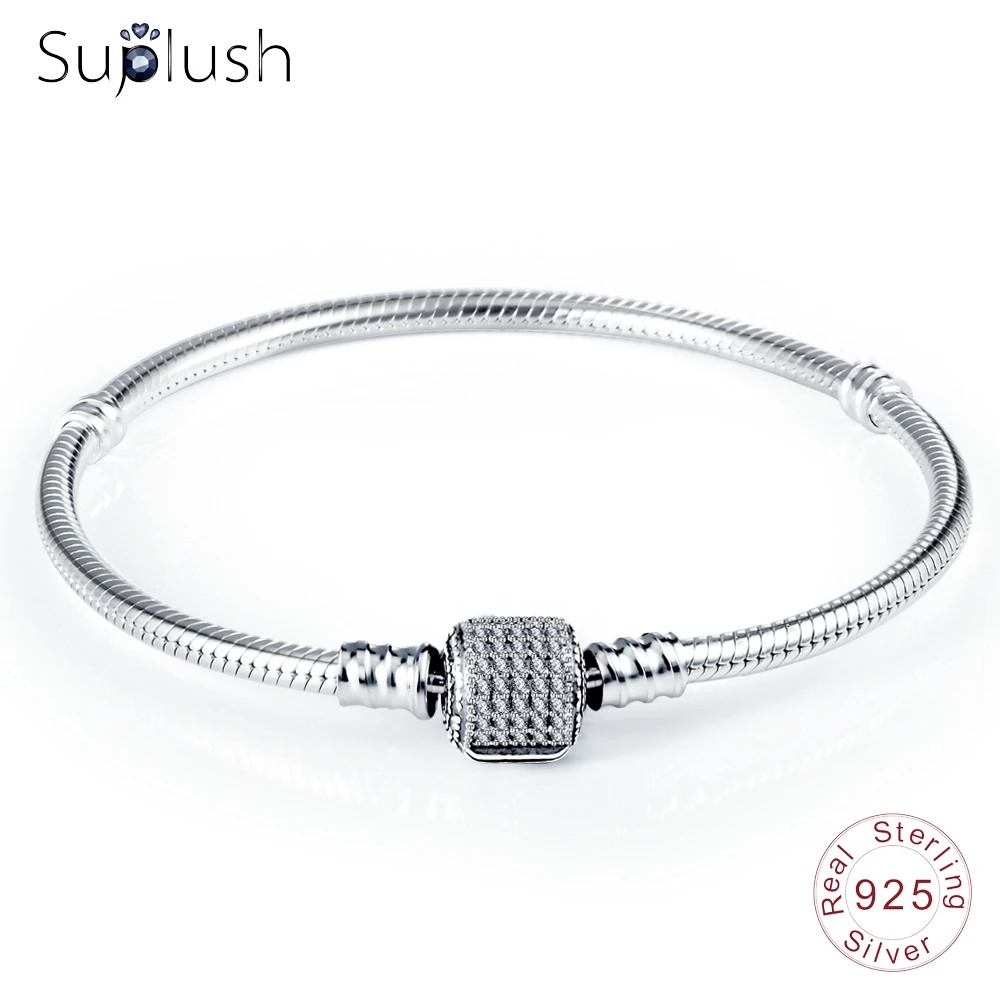 

Suplush Authentic 100% 925 Sterling Silver Basic Chain with CZ Snake Clasp fit Charm Bracelets & Bangles Fine Jewelry PSBR0013
