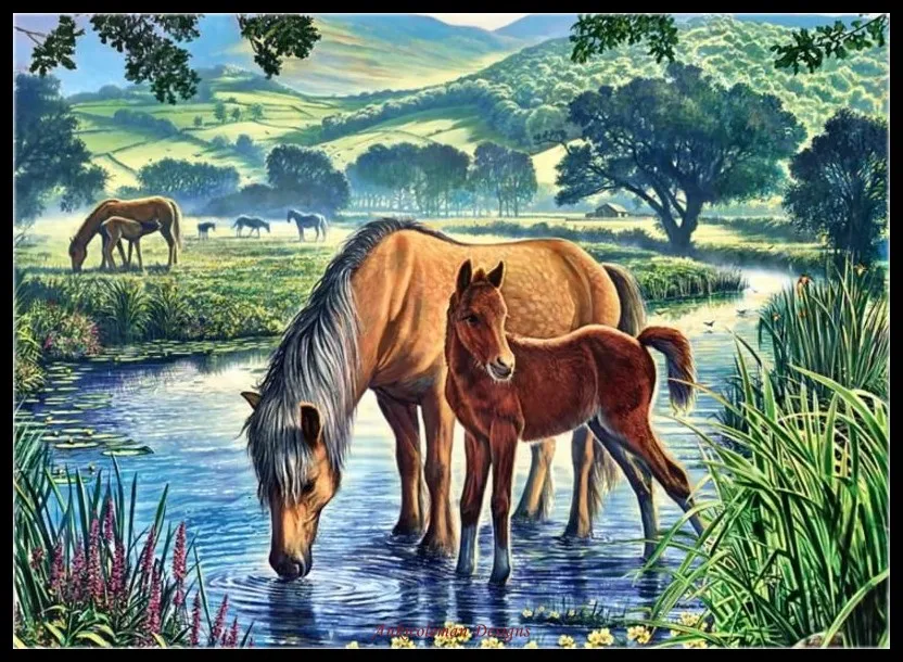 

Counted Cross Stitch Kits Needlework Embroidery - Crafts 14 ct Aida DMC Color DIY Arts Handmade Home Decor - Fell Horses