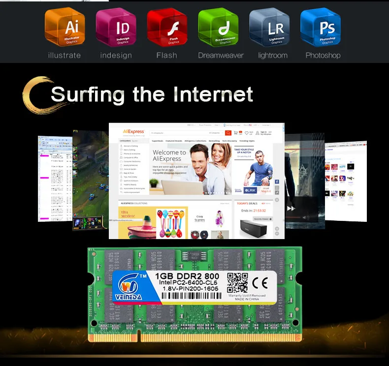 Оперативная память VEINEDA 1 ГБ DDR2 Оперативная память ddr2 800 МГц PC3-10600 sodimm ОЗУ ddr2 для ноутбука совместима с 667, 533 МГц 200pin