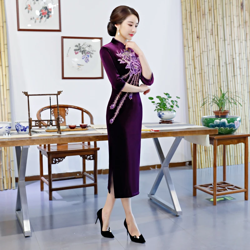 Шанхай история китайский Восточный платье Фиолетовый бархат Qipao платье китайское традиционное платье 3/4 с длинным рукавом cheongsam для женщин