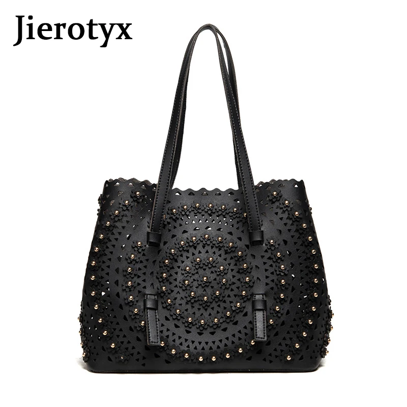 

JIEROTYX Hollow-out Leather Handbags Women's Bags Flower Designer Ladies Shoulder Bag Female Luxury Handbag Two Piece Set Totes