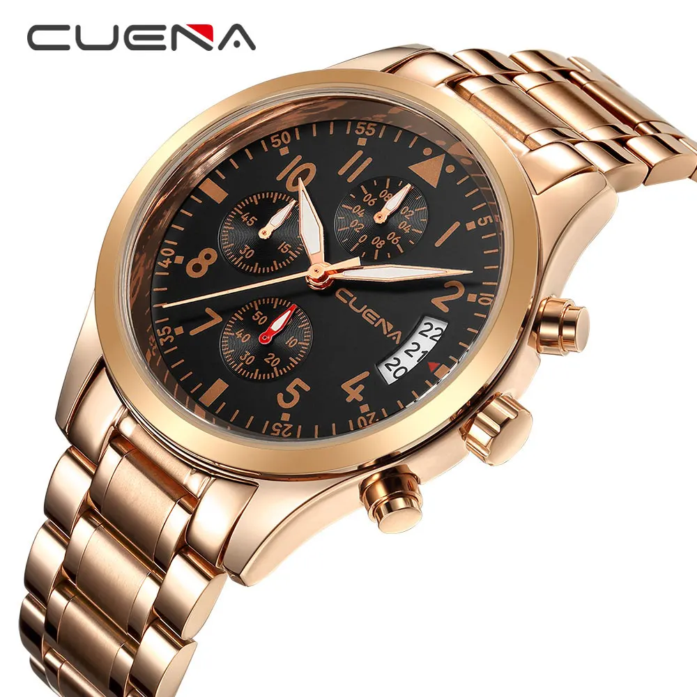 

CUENA Men Quartz Watches Luxury Gold Watch Stainless Steel Waterproof Wristwatches for Men Fashion Stop Watch Relogio Masculino