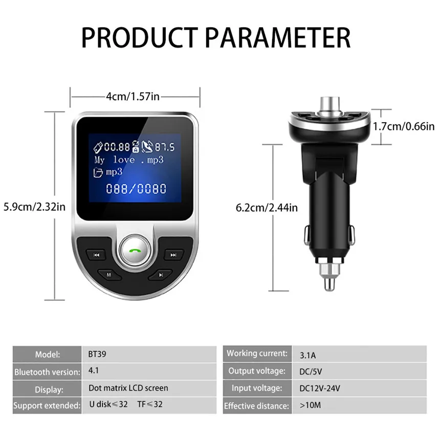 Wireless FM Transmitter Aux Modulator Bluetooth Handsfree Car Kit Car Audio MP3 Player with 3.1A Quick Charge Dual USB Car Charger (7)