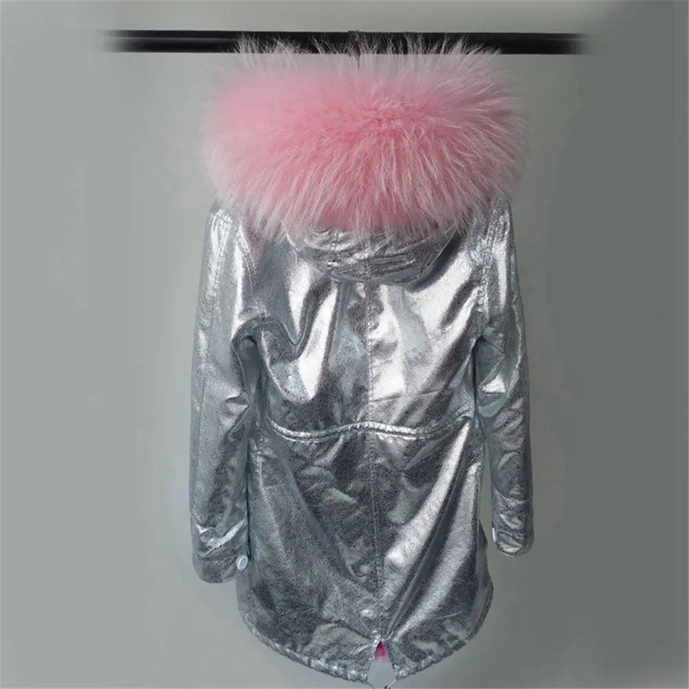 Новое модное зимнее женское серебряное пальто с воротником меха енота Парки Подклад натуральный мех лисы Куртка для улицы