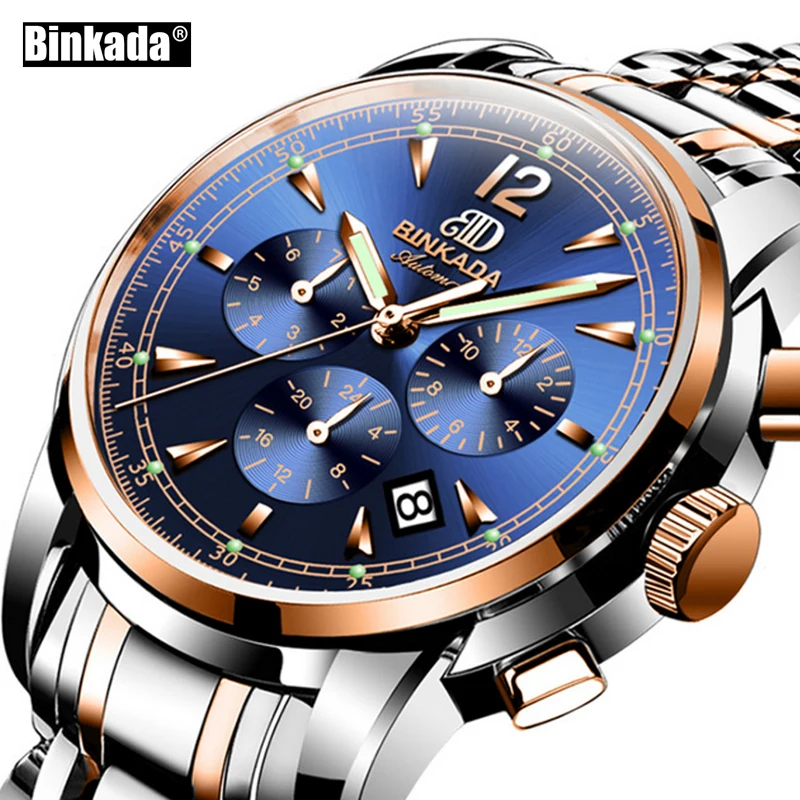 

Luxury Brand BINKADA Fashion Male Steel Strap Automatic Mechanical Watches Men's Sports Military Wrist Watch relogio masculino