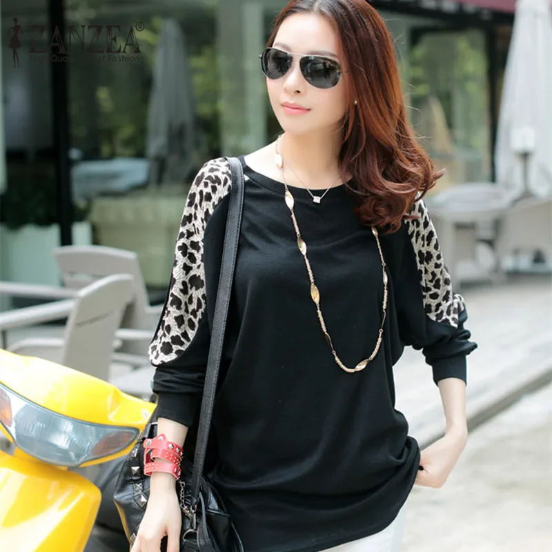 ZANZEA mujeres manga larga de murciélago cuello redondo Leopard Blusas 2018 Otoño Invierno Tops camisas femeninas Sexy Ropa Plus Size Blusas