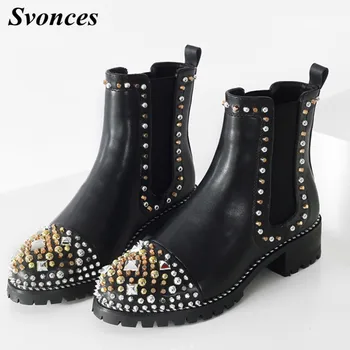 

British Fashion Rivet Women Ankle Boots Studded Girls Chelsea Boots Round Toe Female Martin Boots Women Winter Shoes Low Heel