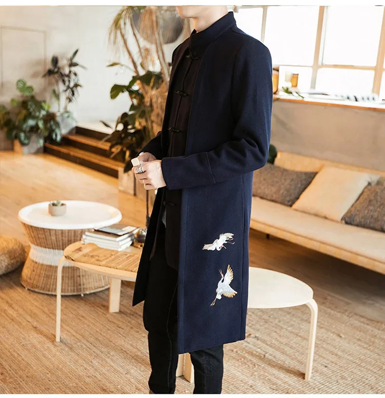 MRDONOO китайское длинное шерстяное пальто с вышивкой в стиле ретро, китайский костюм для молодых мужчин, свободный код