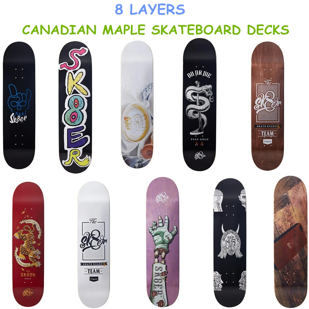Professional 8 Layers Canadian Skateboard Deck 8, 8.125, 8.25 inch Double Rocker Skateboarding