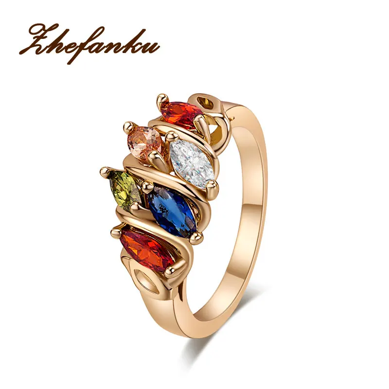 

Colorful Cubic Zircon Women Ring Unique Design Gold Color Rhinestones Rings For Female Wedding Jewelry