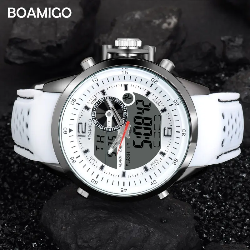 BOAMIGO бренд Dual Time Мужские Цифровые часы белые аналоговые многофункциональные