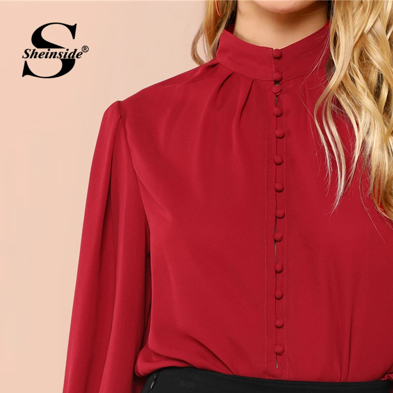 Sheinside Burgundy Stand Collar Ladies Work Top Bishop Long Sleeve Button Up Plain Autumn Casual Womens Tops and Blouses Blouses
