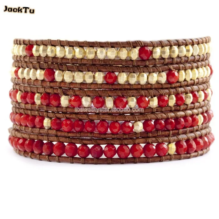 

gold copper laser stone mix coral beaded leather bracelet for woman