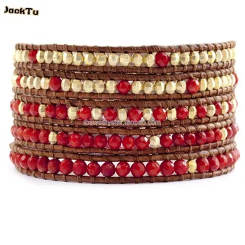 

gold copper laser stone mix coral beaded leather bracelet for woman