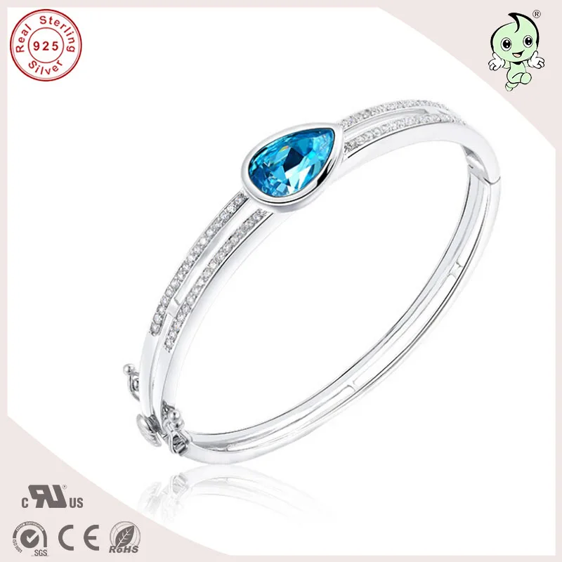 

New Arrival And Popular Good Quality Blue Waterdrop Famous Crystals Paving Two Circles 925 Real Silver Bangle For Ladies