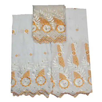 

New Arrival Beaded Nigeria Wedding Cotton Lace High Quality 7 Yards White/Golden African Bazin Riche Fabric L52-5