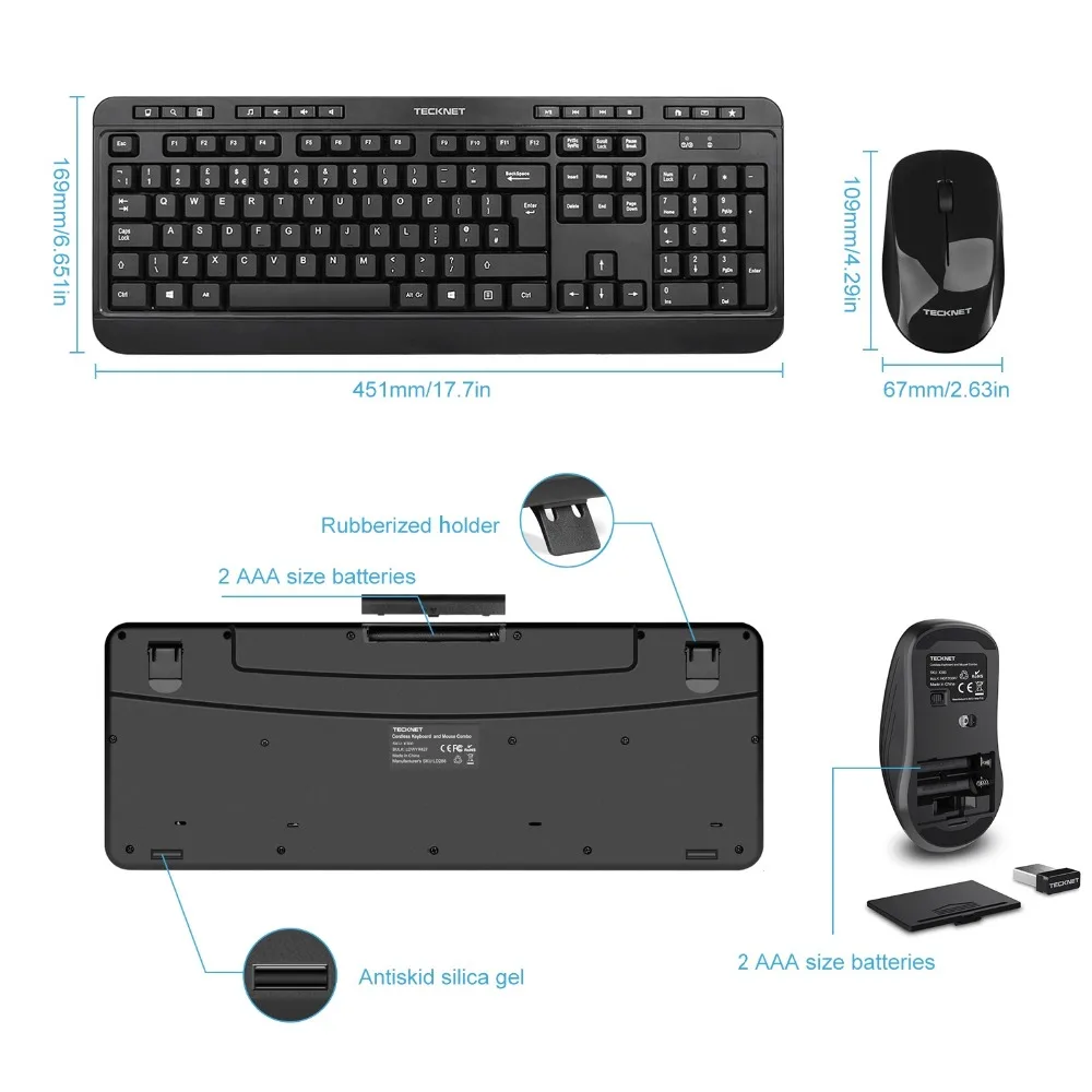 TeckNet 2.4Ghz Ergonomic Wireless Keyboard with Mouse Combo Set for Desktop Computer with Multimedia Key UK Keyboard Layout