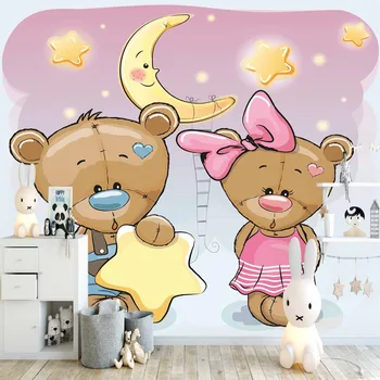 

Else Purple Floor Yellow Star Moon Teddy Bears 3d Print Cartoon Cleanable Fabric Mural Kids Children Room Background Wallpaper