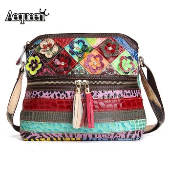 

AEQUEEN Genuine Leather Women Handbags Patchwork Flower Messenger Bags Female Colorful Shoulder Bags For Women Random Color sac