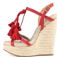 Moraima Snc/красные замшевые босоножки на танкетке с бахромой; женские пикантные туфли на высоком каблуке с открытым носком и Т-образным ремешком; Летние веревочки; плетеные модельные туфли на каблуке