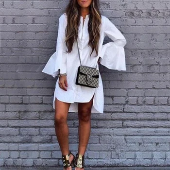 

Women Ruffle White Shirt Spring Autumn Fashion Tops Ladies Elegant Lapel Long Sleeve High Low Blouse Mini Dress