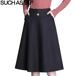 Новые шлифовальные шерсть юбки женские 2018 чёрный; коричневый и пуговицы Высокая Талия плиссированная юбка S-3XL Размеры женский осень-зима
