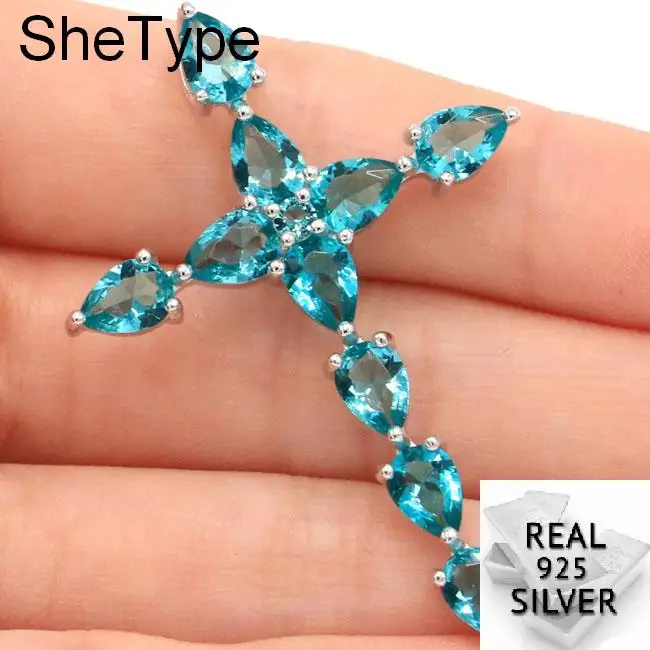 

5.8g Deluxe Long Cross Blue Aquamarine Tanzanite Ladies 925 Solid Sterling Silver Pendant 51x35mm