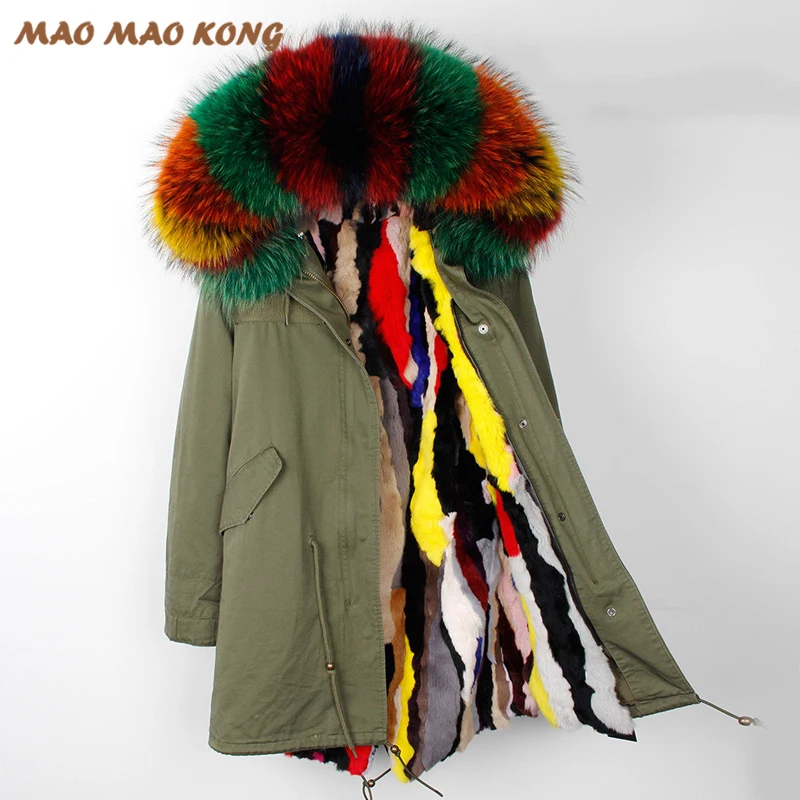 

2019 New long slim winter coat jackets woman real raccoon fur hooded rabbit fur liner outwear brand style black army green color