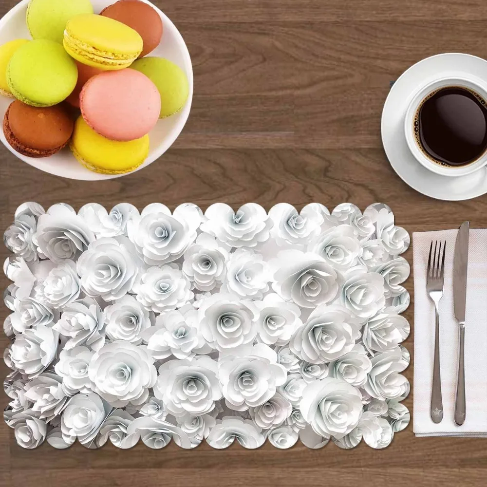 

Else White Gray Roses Flowers Floral Nature 4 Pcs 3d Print Washable Micro Fabric Table Placemat Pad for Dining Room Kitchen