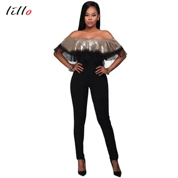 

The word collar and sequined ruffled ruffled retro jumpsuit The black beige and trendy ruffled off-road bustier high quality