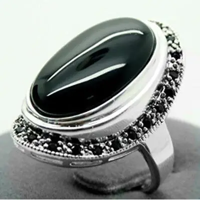 

17X30mm Black Natural Stone Oval 925 Sterling Silver Marcasite Ring Size 7/8/9/10>>> women men silver 925 Free shipping