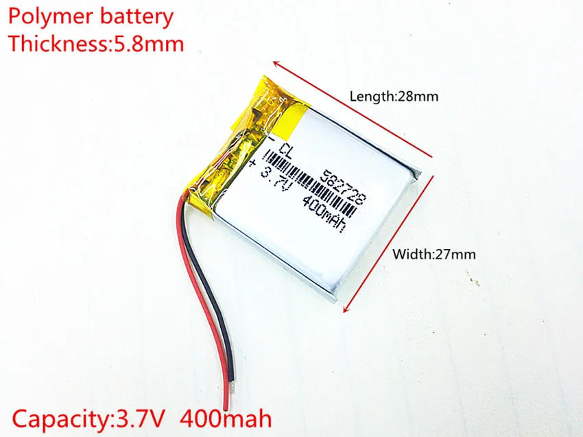 

3.7V,400mAH,[582728] PLIB; polymer lithium ion / Li-ion battery for SMART WATCH,GPS,mp3,mp4,cell phone,DVD,SPEAKER