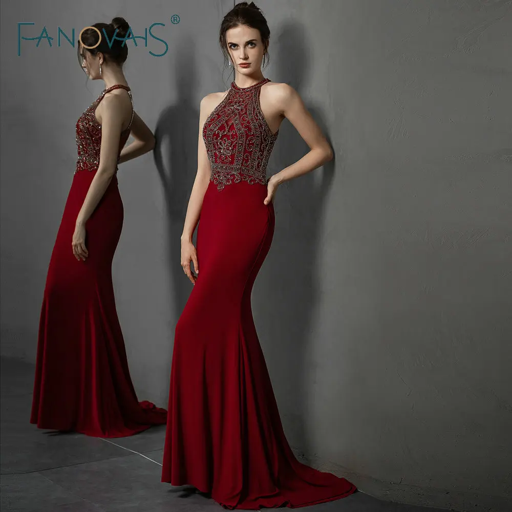 

Burgundy Mermaid Evening Dresses Long Halter Beaded Prom Dress 2019 vestidos de fiesta de noche Formal Dress Party