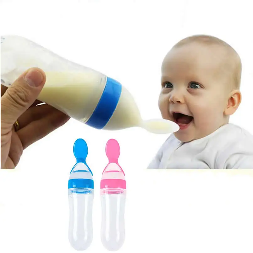 New Baby Toddler Squeeze Feeder Silicone Spoon Bottle Feeding Dispensing Spoons BPA Free Baby Utensils Rice Cereal Feeding Spoon