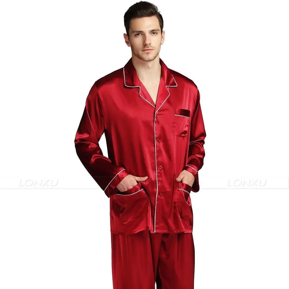 Мужские шелковые атласные пижамы пижамный комплект Пижама, комплект для отдыха США S, M, L, XL, XXL, XXXL, 4XL_ подходит для всех сезонов - Цвет: Wine Red