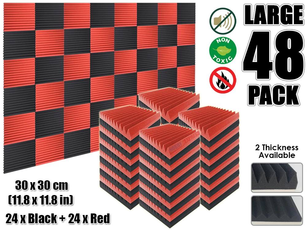 

Arrowzoom 48 pcs Red and Black Multi-Wedge 12T Acoustic Studio Foam Tile Sound Absorption Panel 30 x 30 cm (11.8 x 11.8 inches)