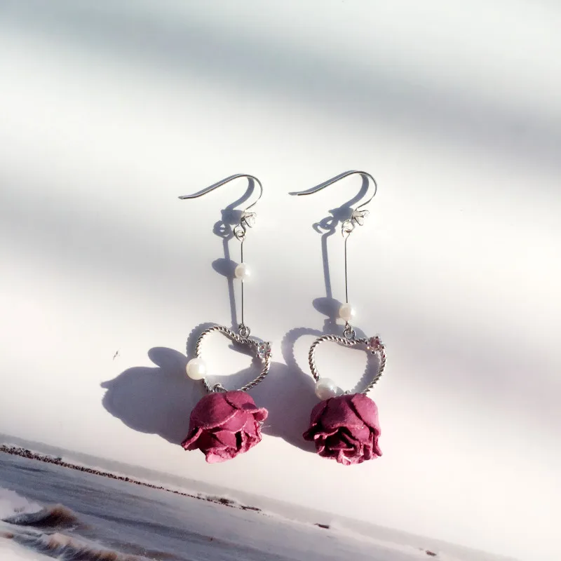 

Real 925 Sterling Silver Elegant Cherry Blossom Rose Flower Drop Earrings for Women Love Heart Earring Romantic Jewelry Gift