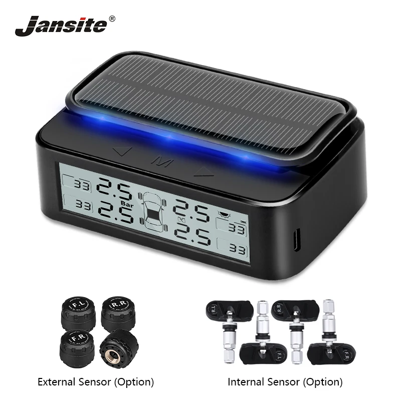 

Jansite Solar TPMS Car Tire Pressure Alarm Monitor System Display Ambient light Precise alarm Temperature warning with 4 Sensors