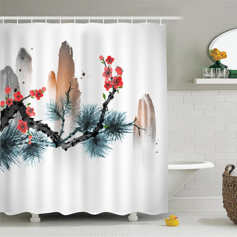 Colorful Plant Bath Curtain Hand Painted Plum Polyester Breathable