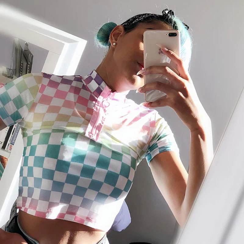 

2019 Summer Pastel Color Checker Crop Top Plaid Mesh Short Sleeve Slim T-Shirt New Women