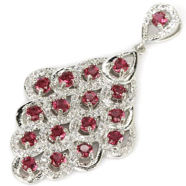 

Romantic Long Peacock Pink Raspberry Rhodolite Garnet CZ SheCrown Silver Pendant 46x25mm