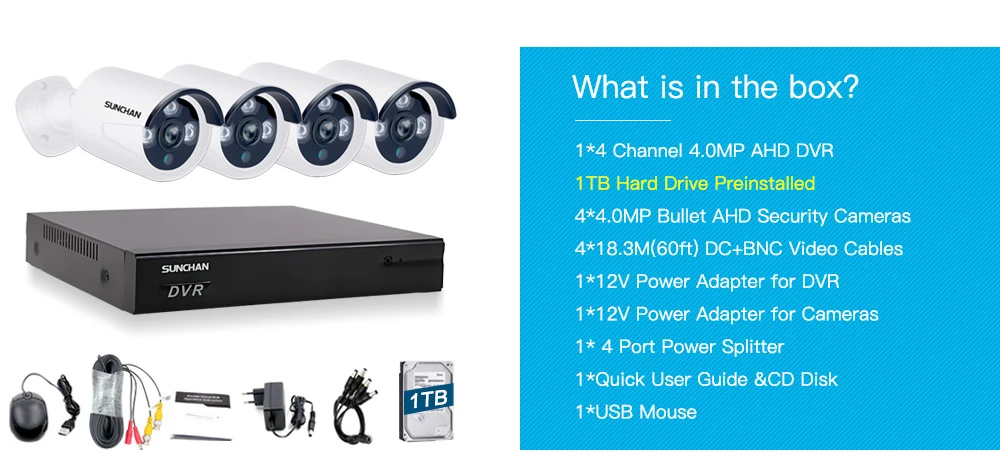 SUNCHAN система безопасности 4ch система видеонаблюдения DVR DIY Kit 4 Мп 4,0 Камера Безопасности 4.0mp камера системы видеонаблюдения 1 ТБ HDD