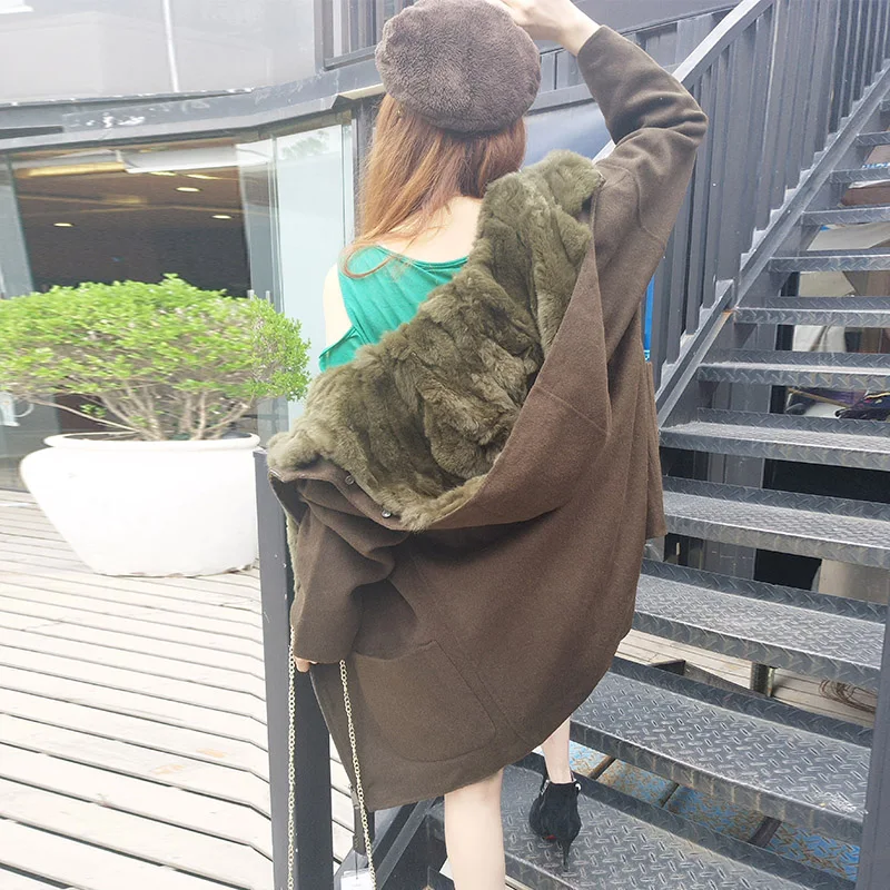 2018 New Fashion Winter Parka Wool Cashmere Coat Women Fur Jacket Overcoat Collar Hooded Rex Rabbit Fur liner Top Quality