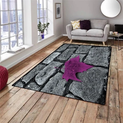 

Else Black Brick Wall on Purple Leaf Stones 3d Print Non Slip Microfiber Living Room Decorative Modern Washable Area Rug Mat