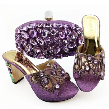 

Elegant italian shoes and bag matchign set in lilac color in african aso ebi party shinning shoes slippers and clutches SB8395-3